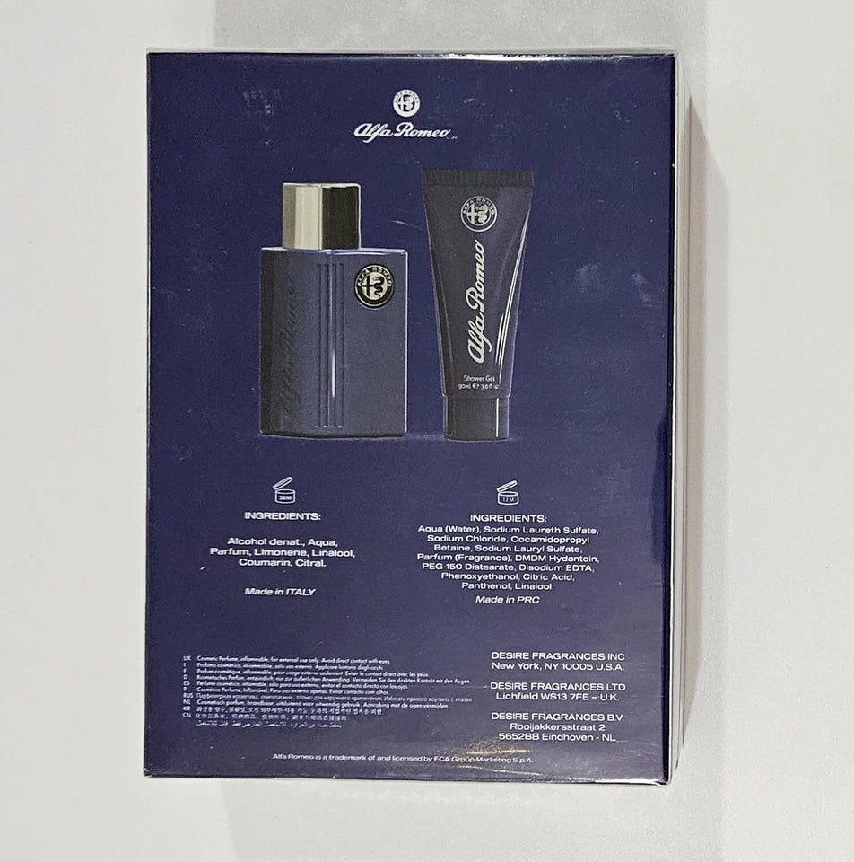 Alfa Romeo perfume set packaging with a blue background