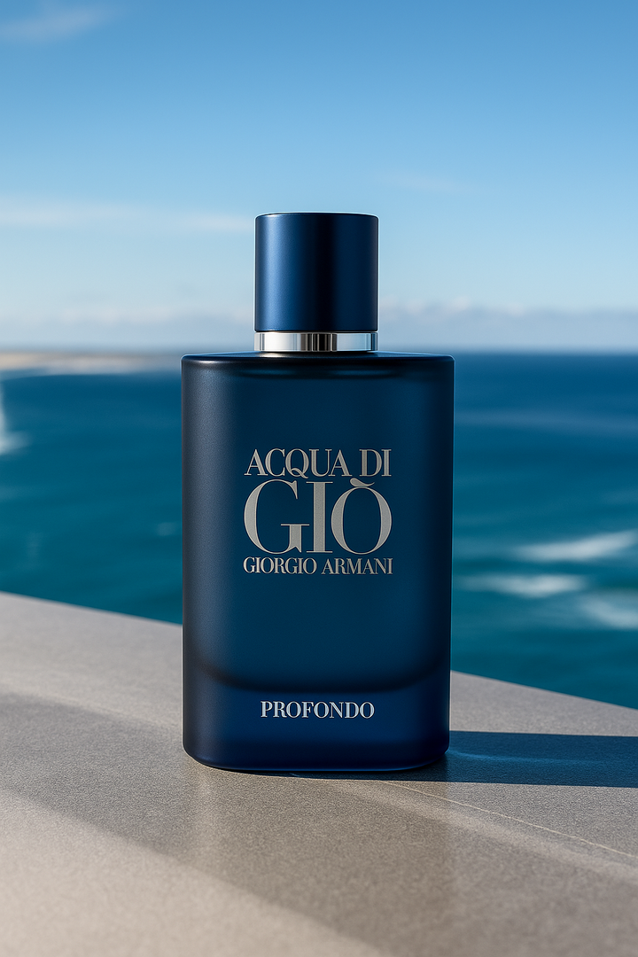 Blue Acqua di Giò perfume bottle with ocean view