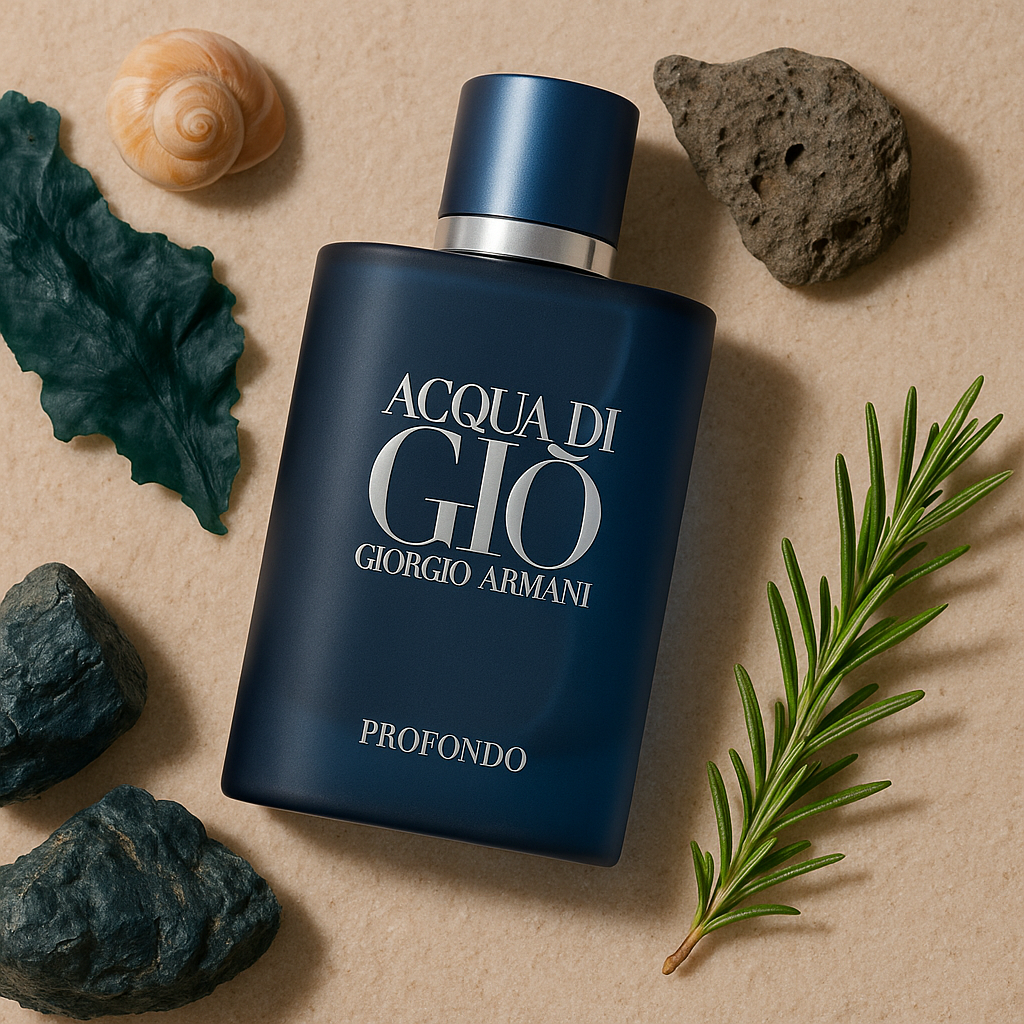 Blue Acqua di Giò Giorgio Armani perfume bottle on a beige background with natural elements.