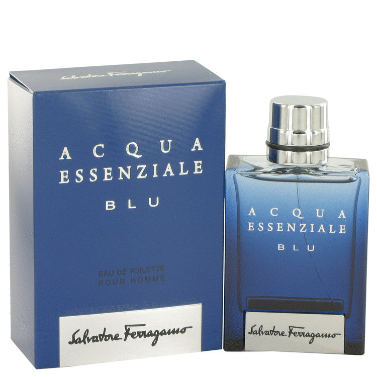 Salvatore Ferragamo Acqua Essenziale Blu perfume bottle and packaging on a white background