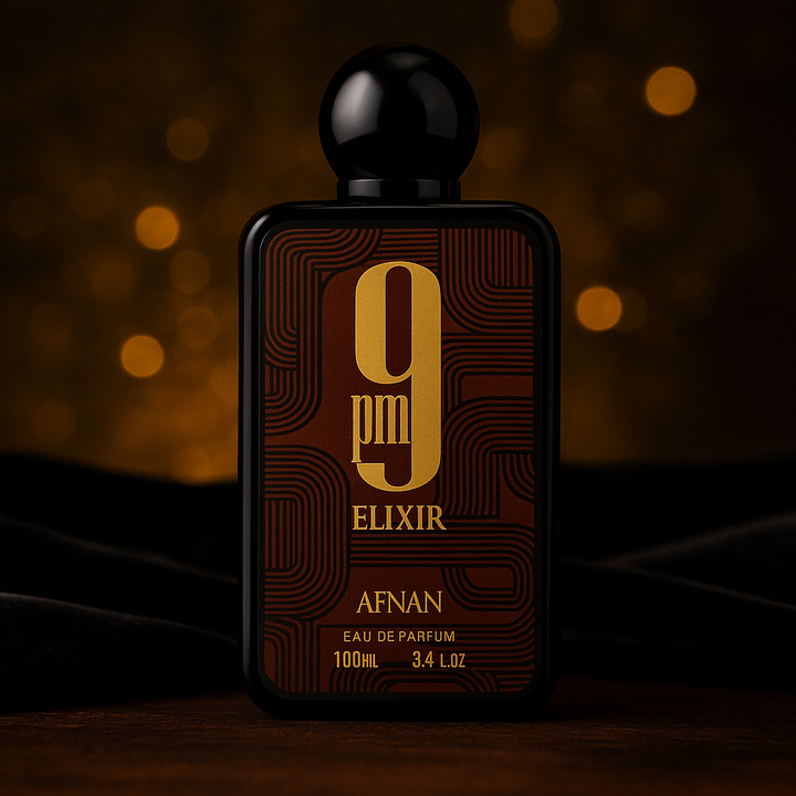 Perfume bottle labeled '9pm Elixir' by Afnan on a dark background