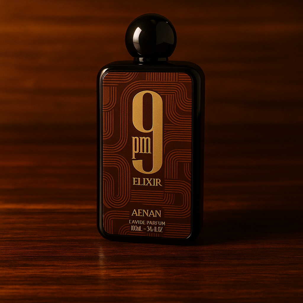 Perfume bottle labeled '9 Elixir' by Aenam on a wooden surface