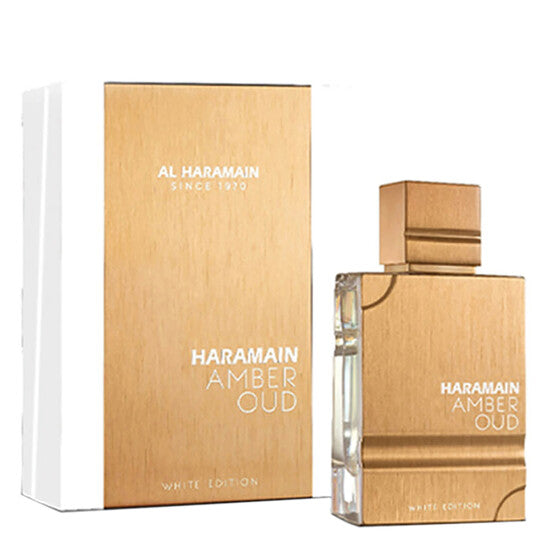 Haramain Amber Oud perfume bottle and packaging on a white background