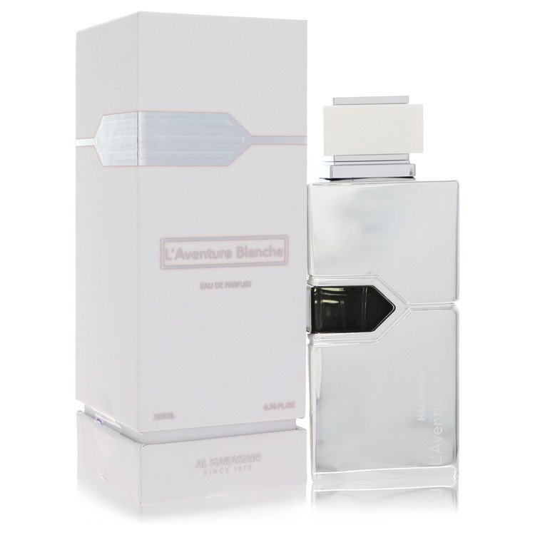 Perfume bottle and packaging of 'L'Aventure Blanche' on a white background
