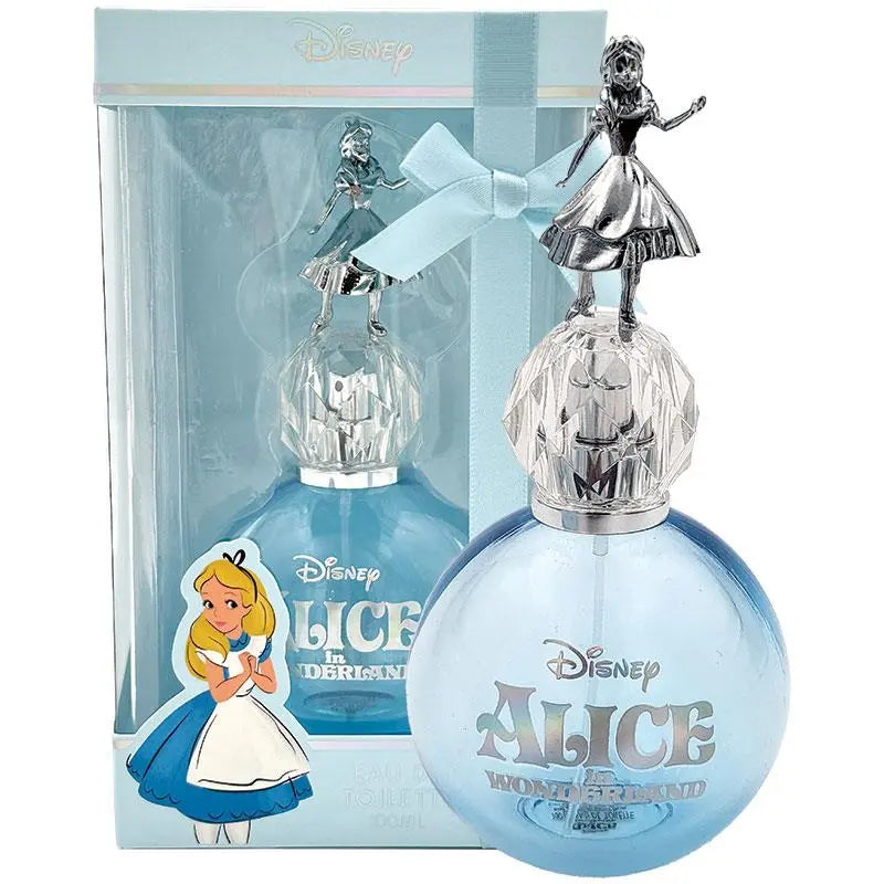 Disney Alice in Wonderland perfume bottle and its packaging box. The round light blue perfume bottle features a silver metallic cap with a miniature Alice figurine standing on it, and the box is decorated with Alice illustrations and a matching bow.