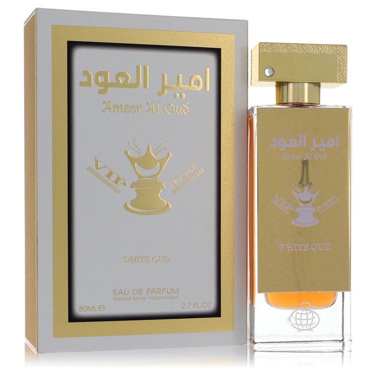 image showing the bottle and packaging for Ameer Al Oud Vip Original White Oud Cologne By Fragrance World Eau De Parfum Spray (Unisex) 80ml