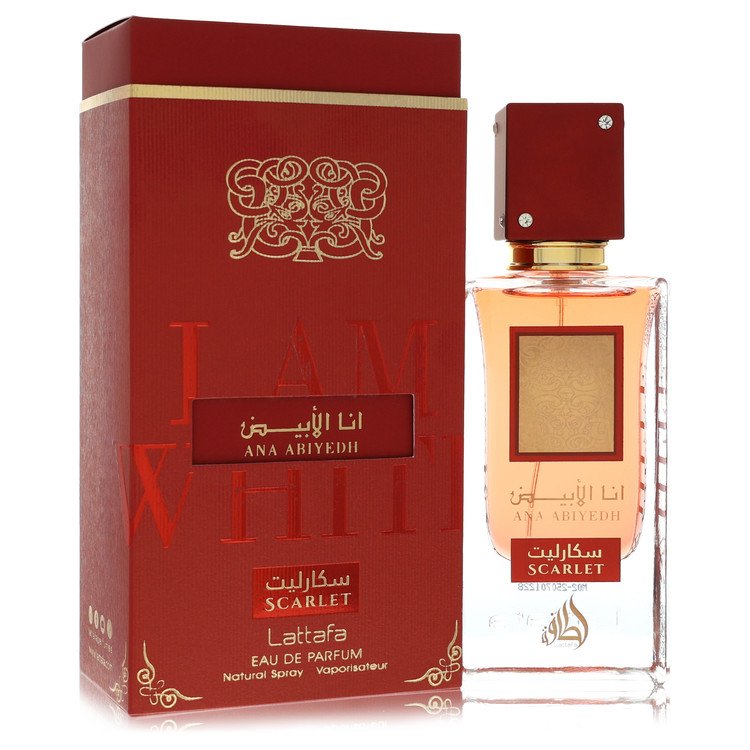 image showing the bottle and packaging for Ana Abiyedh I Am White Scarlet Cologne By Lattafa Eau De Parfum Spray (Unisex) 60ml