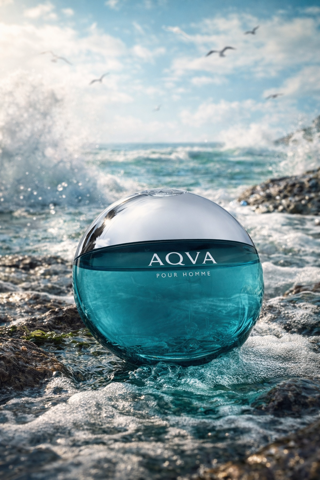 Aquavita Pour Homme perfume bottle on a rocky beach with ocean waves.