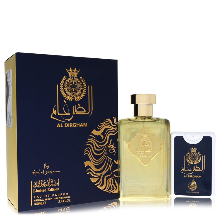 image showing the bottle and packaging for Ard Al Zaafaran Al Dirgham Cologne By Al Zaafaran Eau De Parfum Spray +.65 Mini EDP Spray (Limited Edition Unisex) 100ml