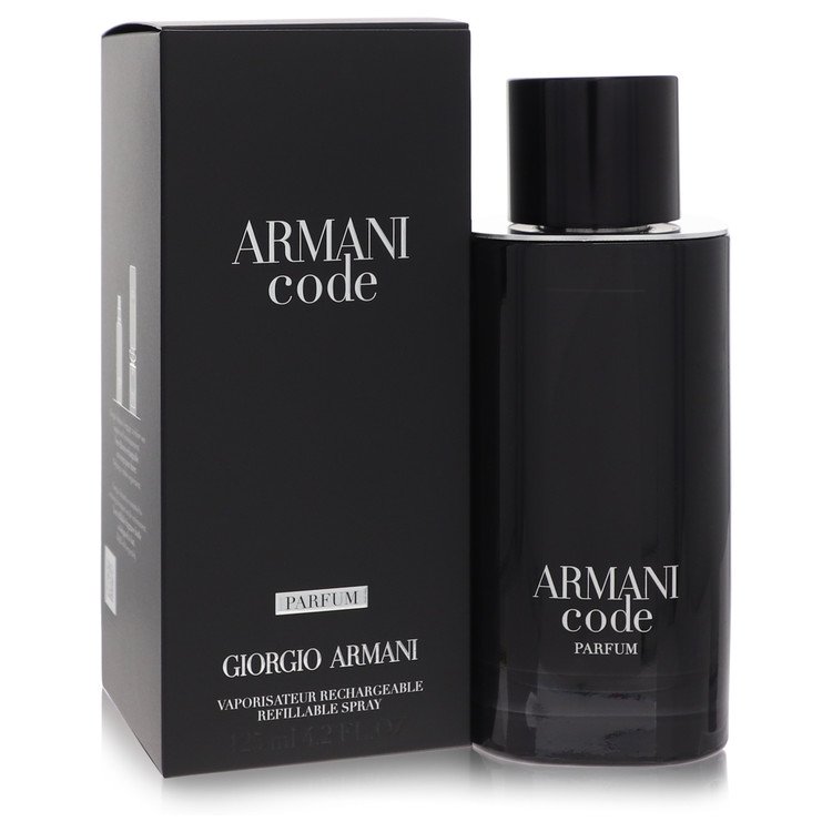 image showing the bottle and packaging for Armani Code Cologne By Giorgio Armani Parfum Spray Relillable 125ml