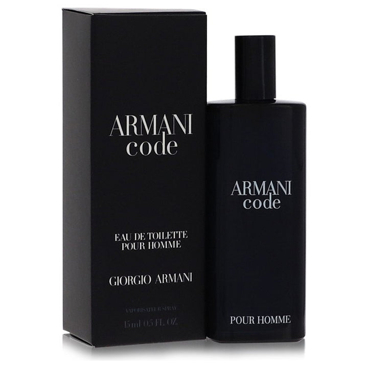 image showing the bottle and packaging for Armani Code Cologne By Giorgio Armani Eau De Toilette Spray 15ml