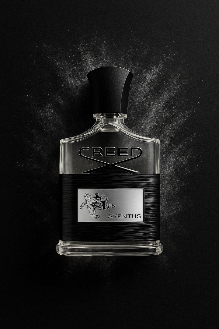 Creed Aventus perfume bottle on a dark background