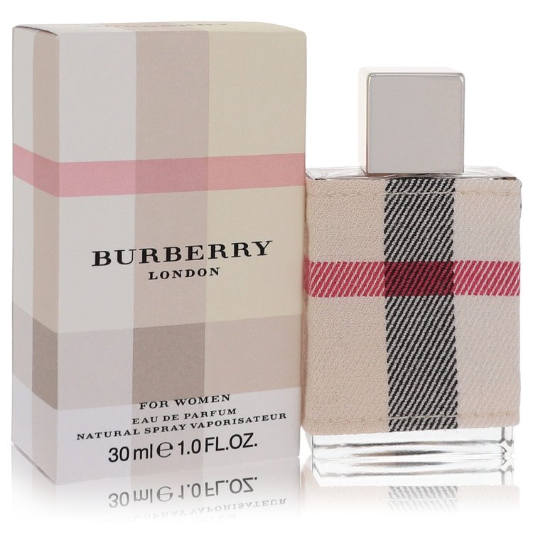 Burberry perfume bottle and packaging with checkered design on a white background