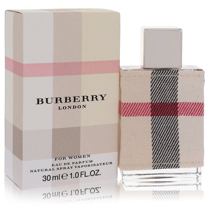 Burberry perfume bottle and packaging with checkered design on a white background