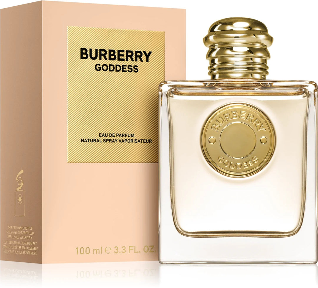 image showing the bottle and packaging for Burberry Goddess Perfume By Burberry Eau De Parfum Refillable Spray 100ml