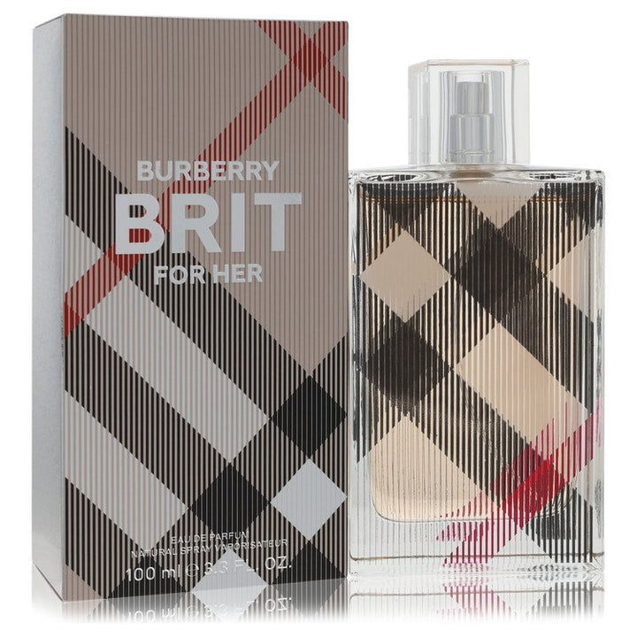 Burberry Brit for Her perfume bottle and packaging with checkered design.