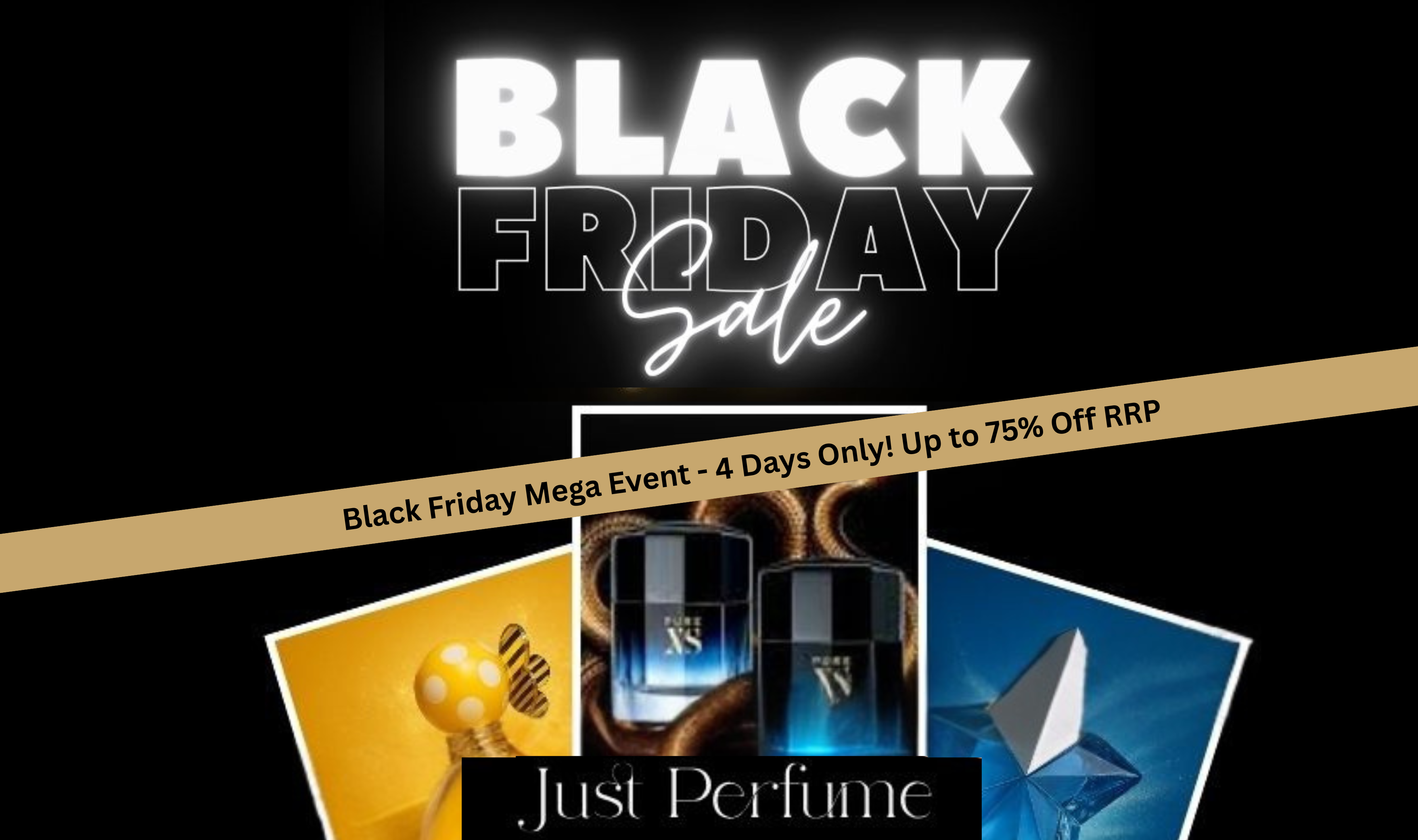 Black Friday sale advertisement with perfume bottles and promotional text on a black background