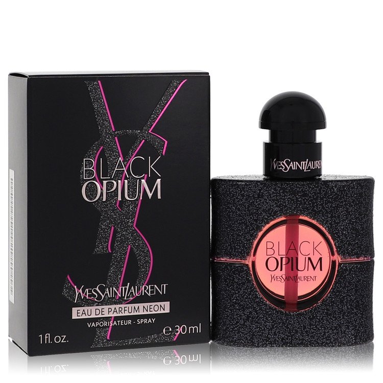 image showing the bottle and packaging for Black Opium Neon Perfume By Yves Saint Laurent Eau De Parfum Spray 30ml
