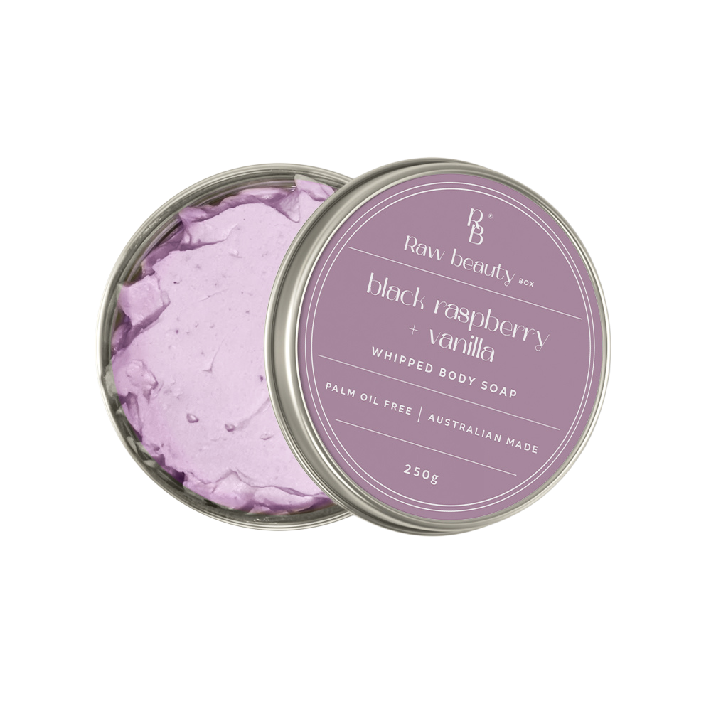 Box of Whipped Soap with Black Raspberry & Vanilla flavor on a white background
