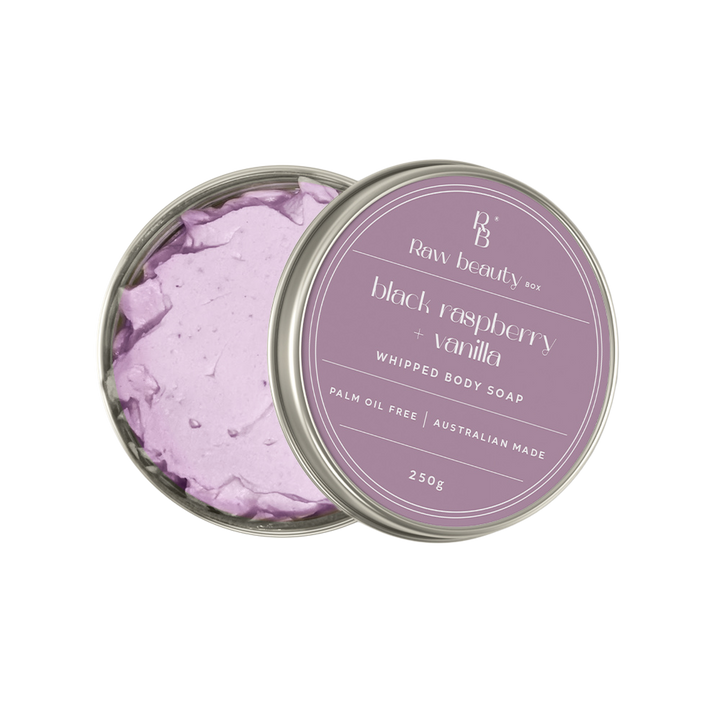 Box of Whipped Soap with Black Raspberry & Vanilla flavor on a white background