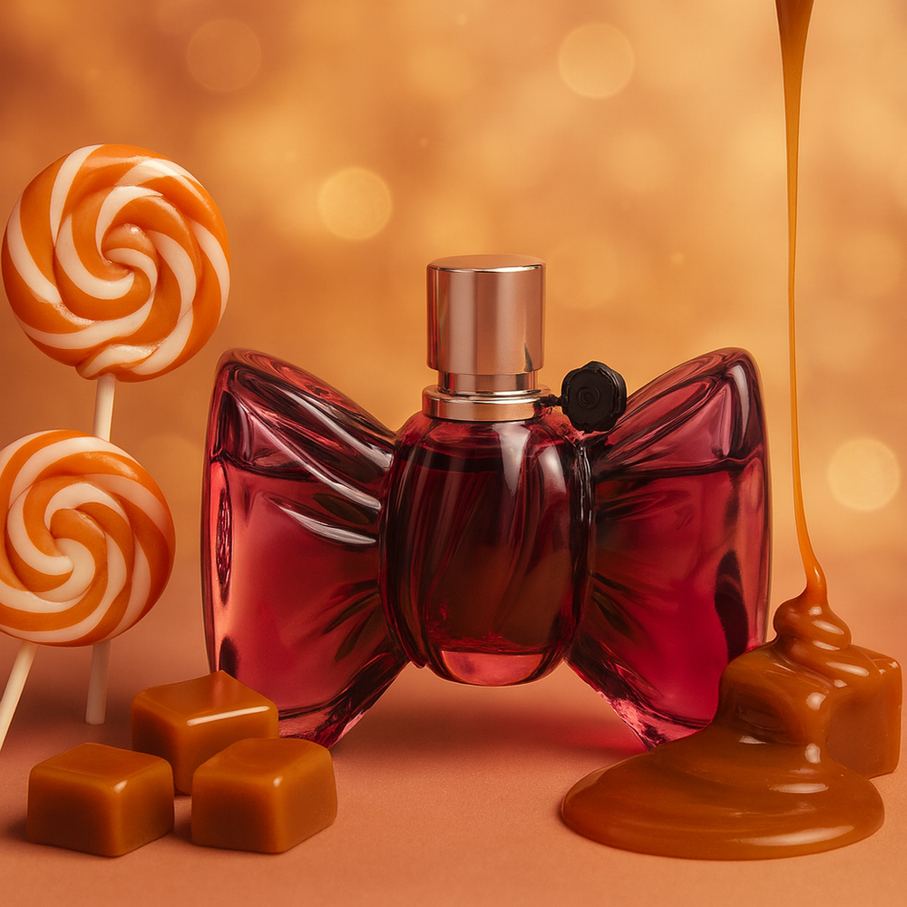 Red bow-shaped perfume bottle with lollipops and caramel on a warm-toned background