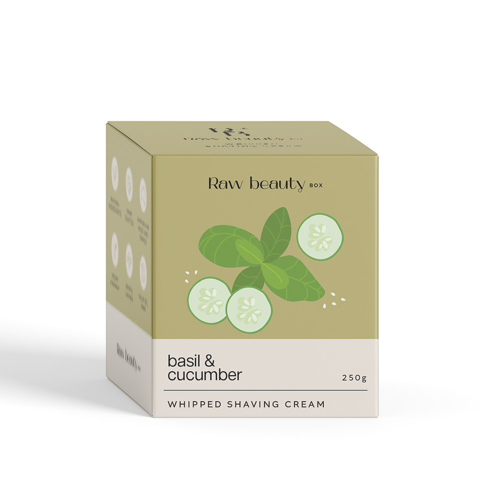 Box of Raw Beauty Basil & Cucumber whipped shaving cream on a white background