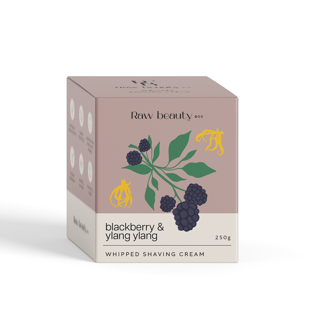 Box of Raw Beauty Box blackberry and ylang ylang whipped shaving cream on a white background