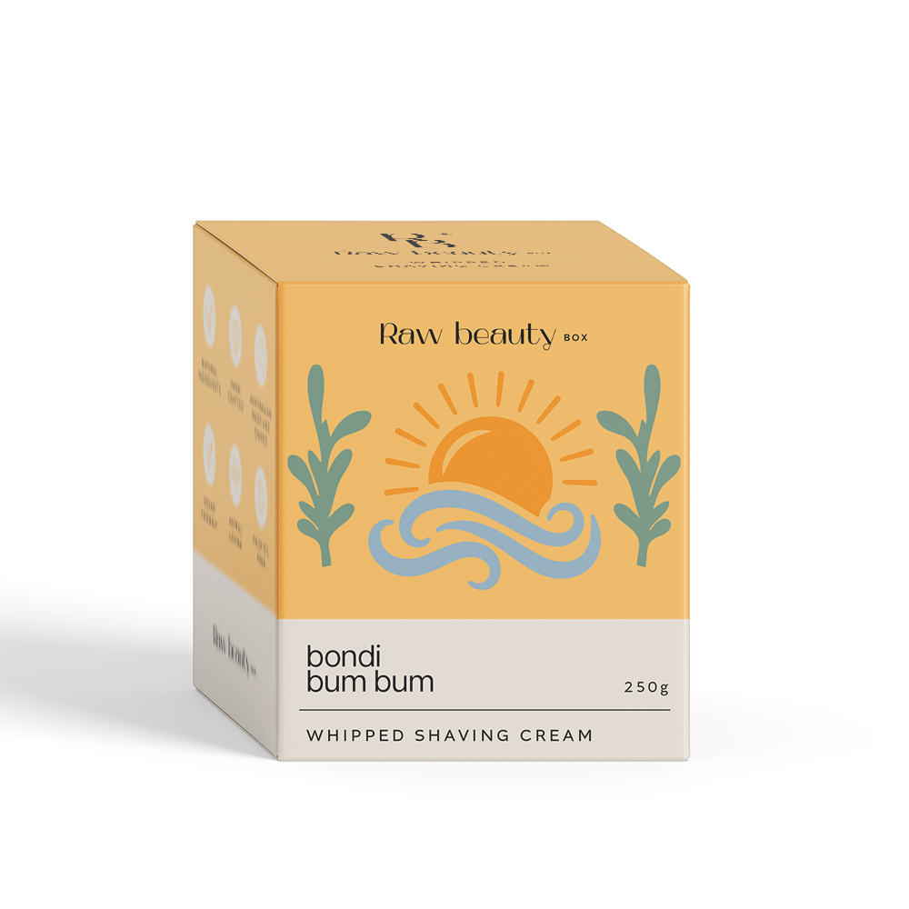 Box of bondi bum bum whipped shaving cream with 'Raw Beauty Box' branding on a white background