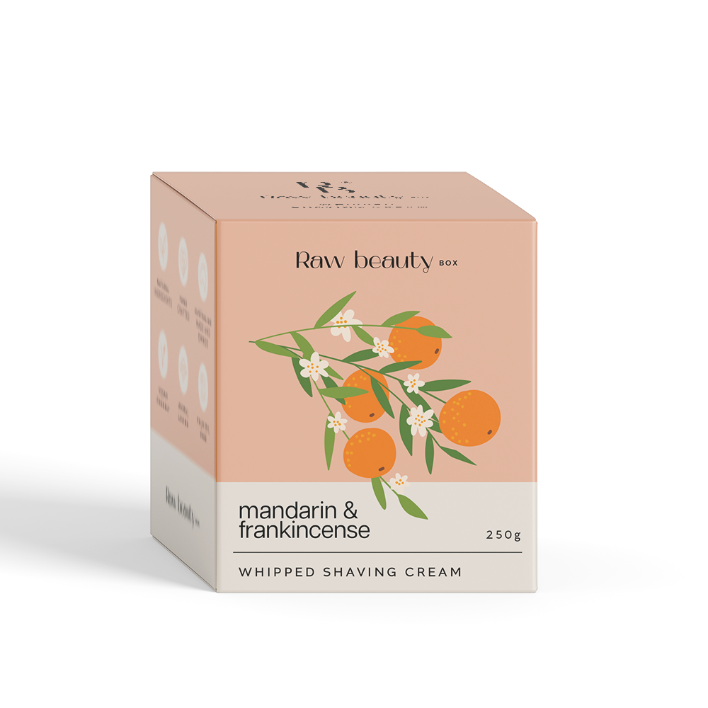 Box of Raw Beauty Box Mandarin & Frankincense Whipped Shaving Cream on a white background