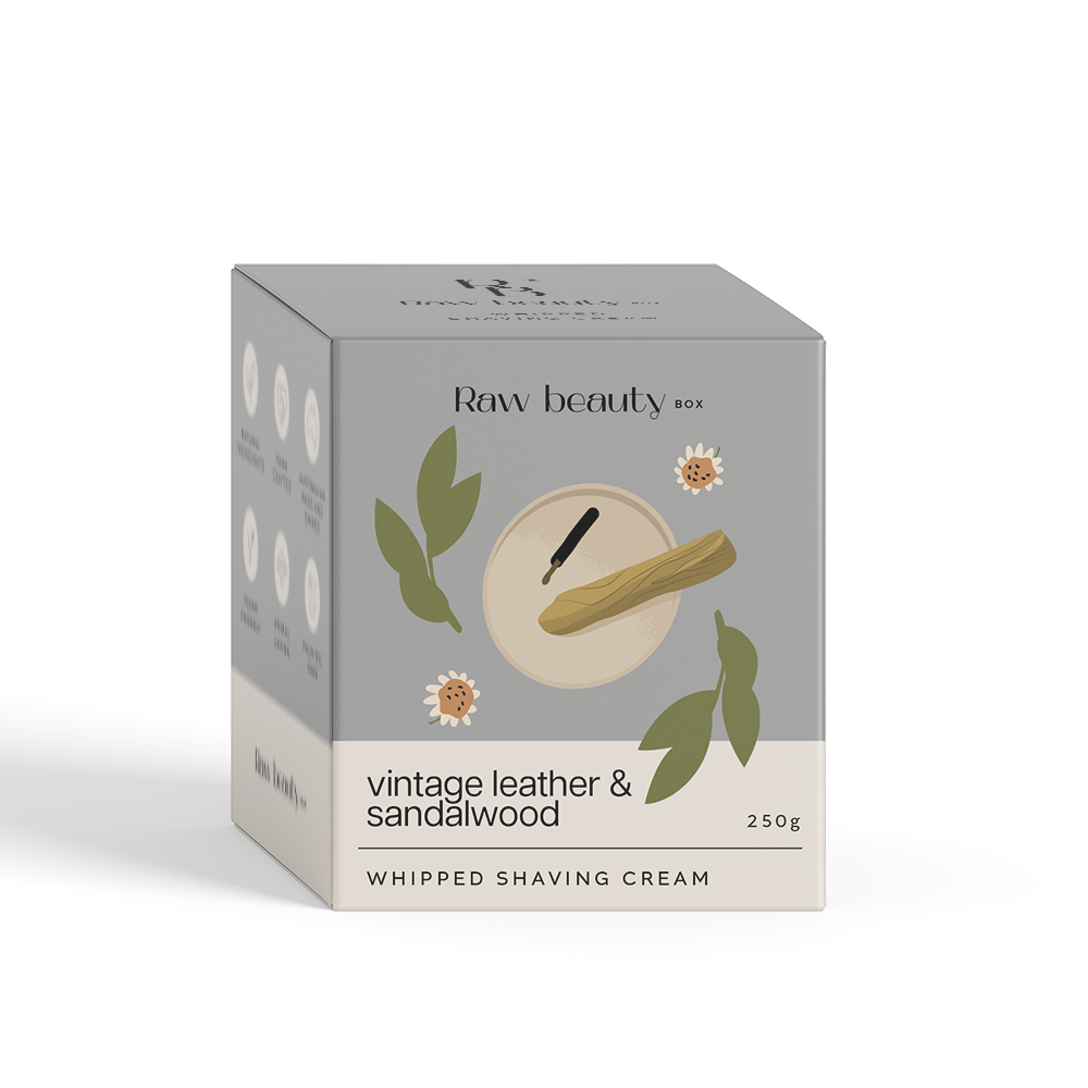 Box of Raw Beauty vintage leather & sandalwood whipped shaving cream on a white background