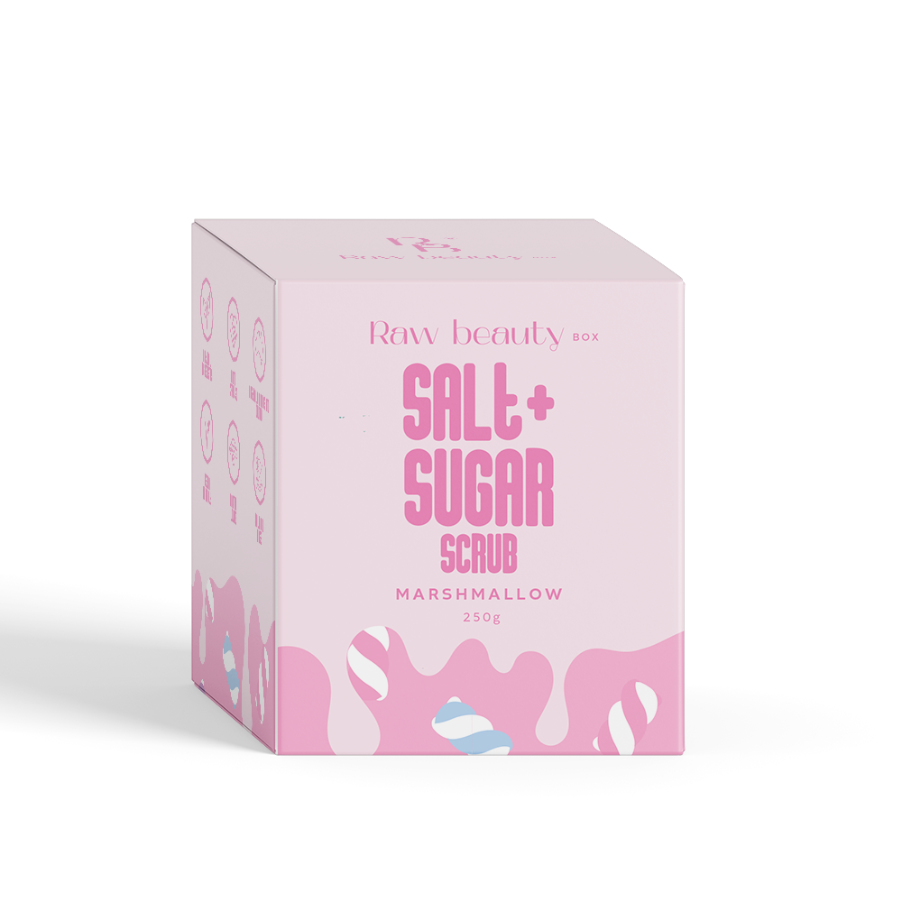 Box of Raw Beauty Box Salt + Sugar Scrub Marshmallow on a white background