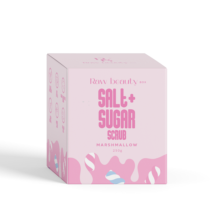 Box of Raw Beauty Box Salt + Sugar Scrub Marshmallow on a white background