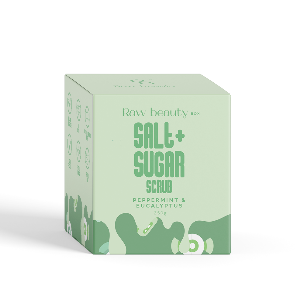 Box of Raw Beauty Salt + Sugar Scrub on a white background