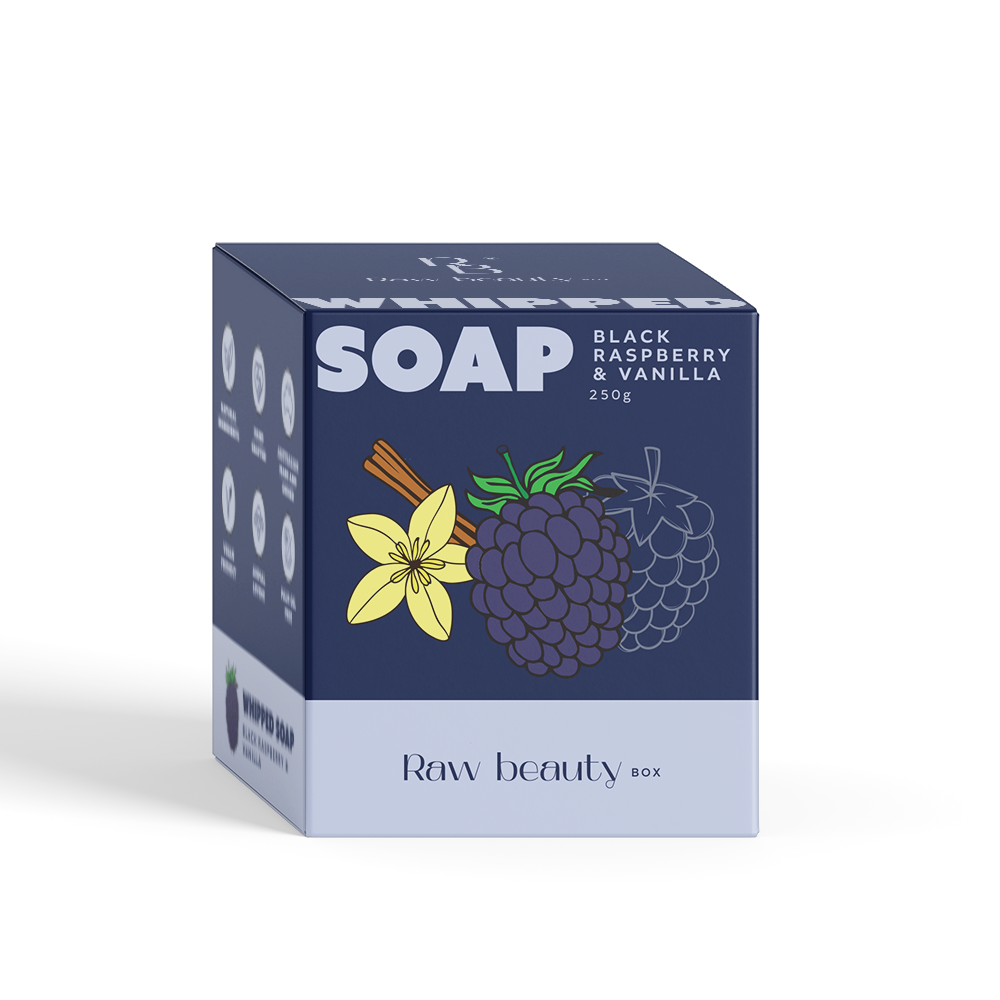 Box of Whipped Soap with Black Raspberry & Vanilla flavor on a white background
