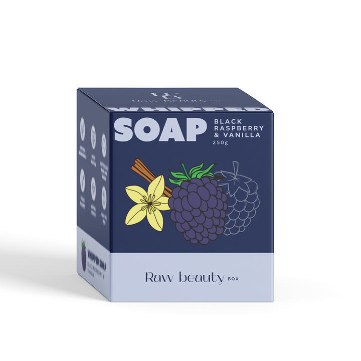 Box of Whipped Soap with Black Raspberry & Vanilla flavor on a white background