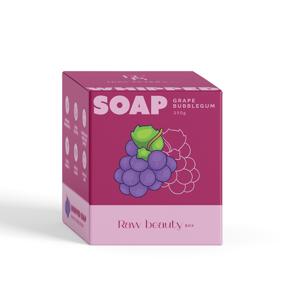 Box of Raw Beauty Grape Bubblegum soap on a white background