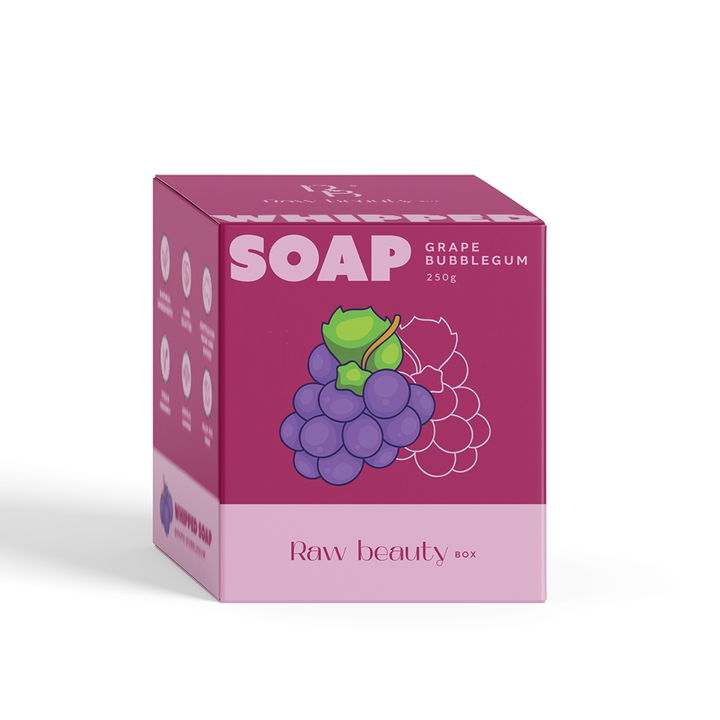 Box of Raw Beauty Grape Bubblegum soap on a white background
