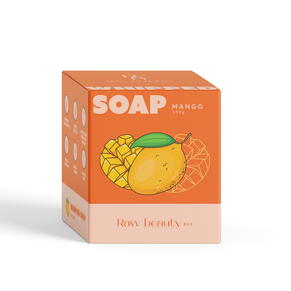 Mango soap packaging with 'Raw Beauty Box' branding on an orange background
