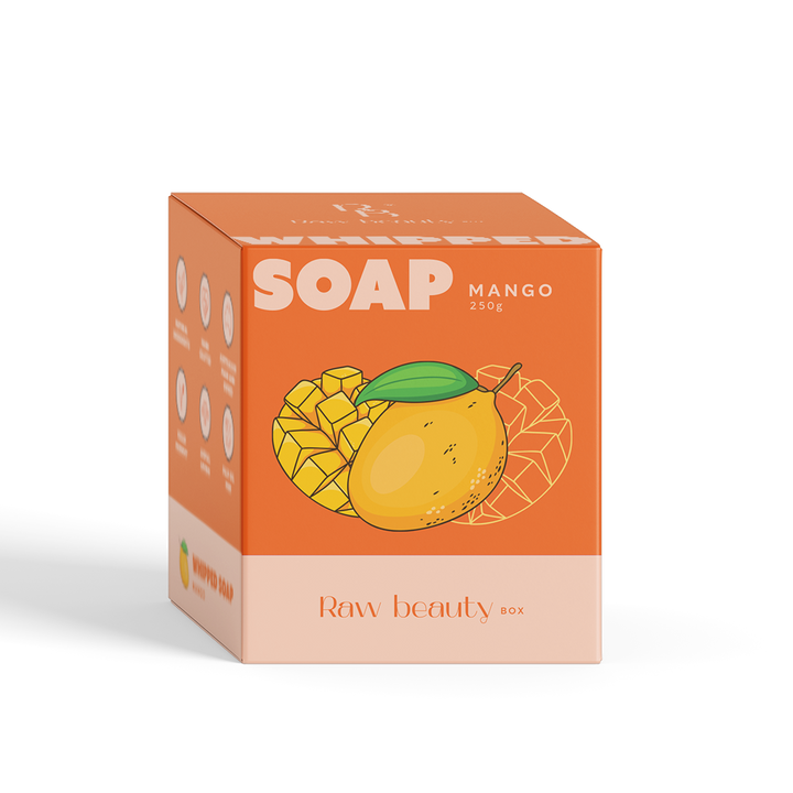 Mango soap packaging with 'Raw Beauty Box' branding on an orange background