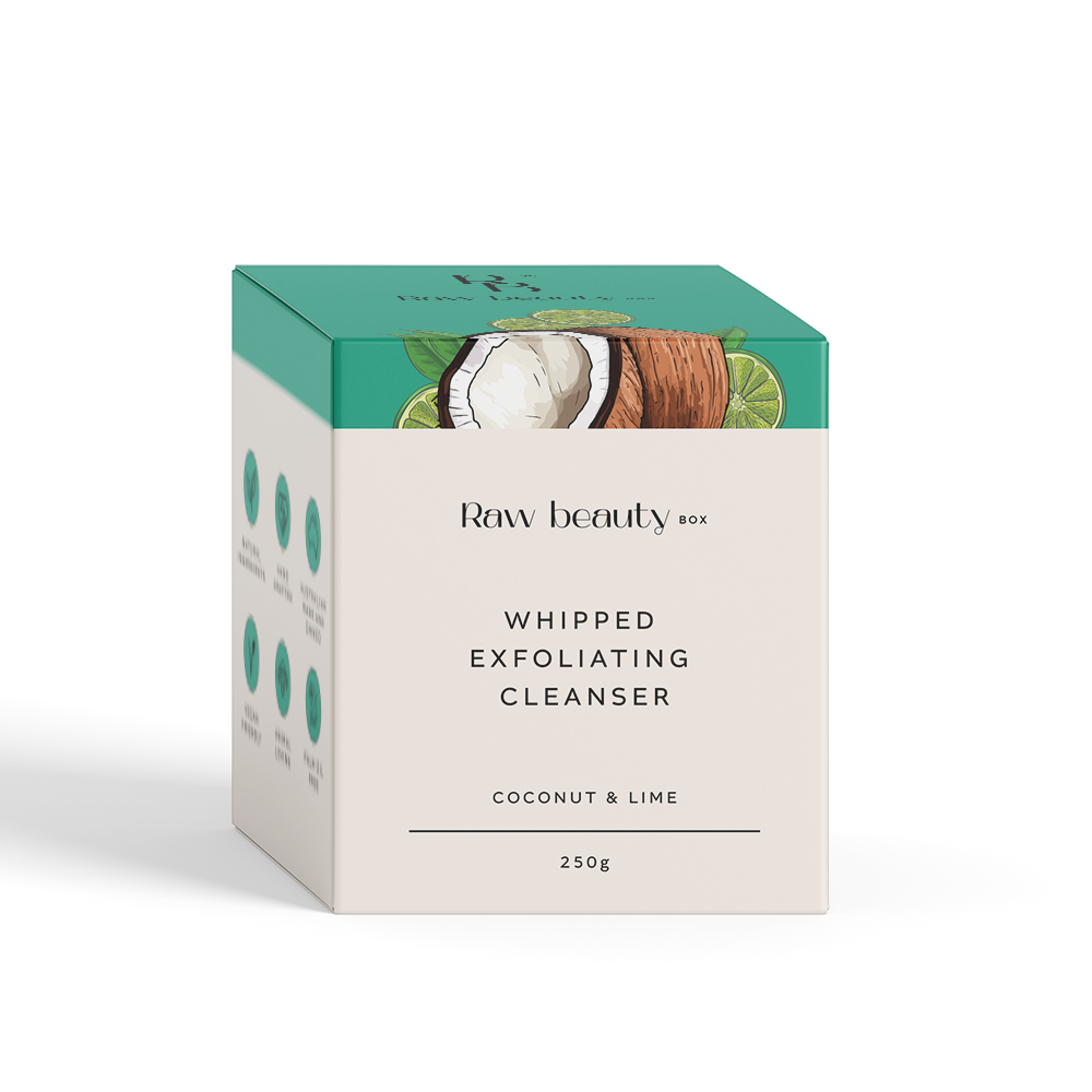 Box of Raw Beauty Box Whipped Exfoliating Cleanser with coconut and lime design on a white background