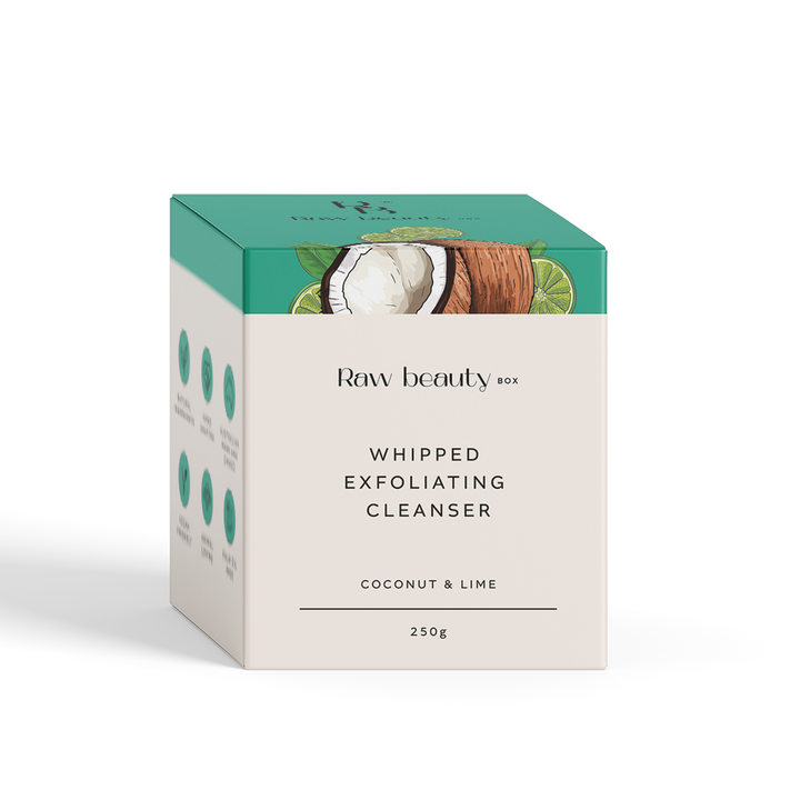 Box of Raw Beauty Box Whipped Exfoliating Cleanser with coconut and lime design on a white background