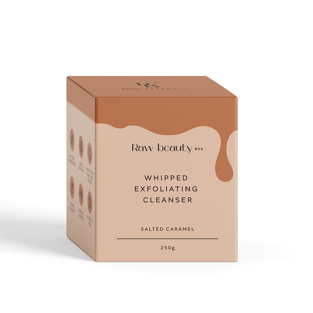 Box of Raw Beauty Box Whipped Exfoliating Cleanser in Salted Caramel flavor on a white background