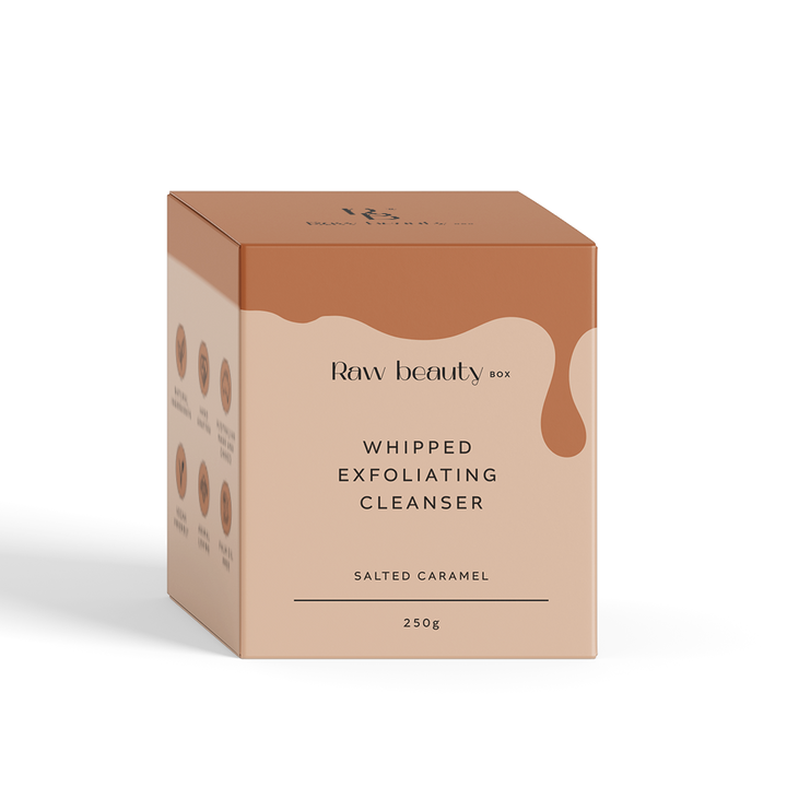 Box of Raw Beauty Box Whipped Exfoliating Cleanser in Salted Caramel flavor on a white background