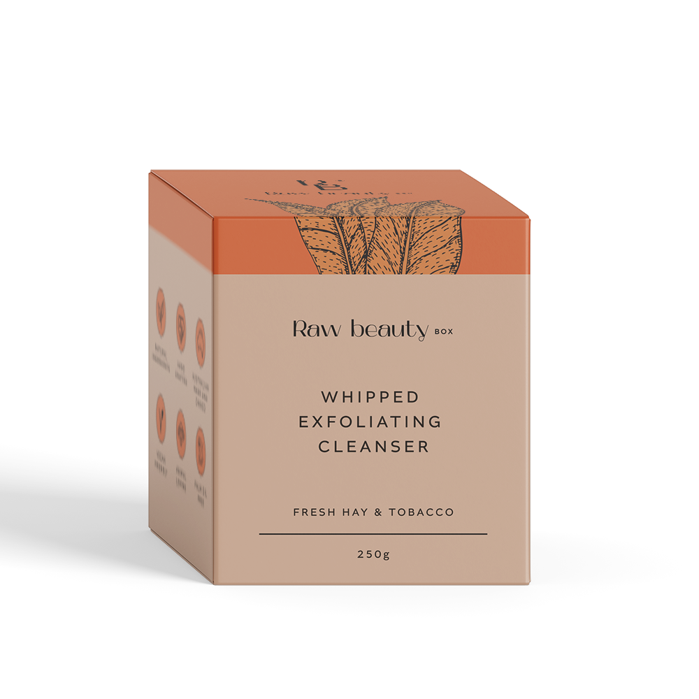Box of Raw Beauty Box Whipped Exfoliating Cleanser with orange top and beige body on a white background