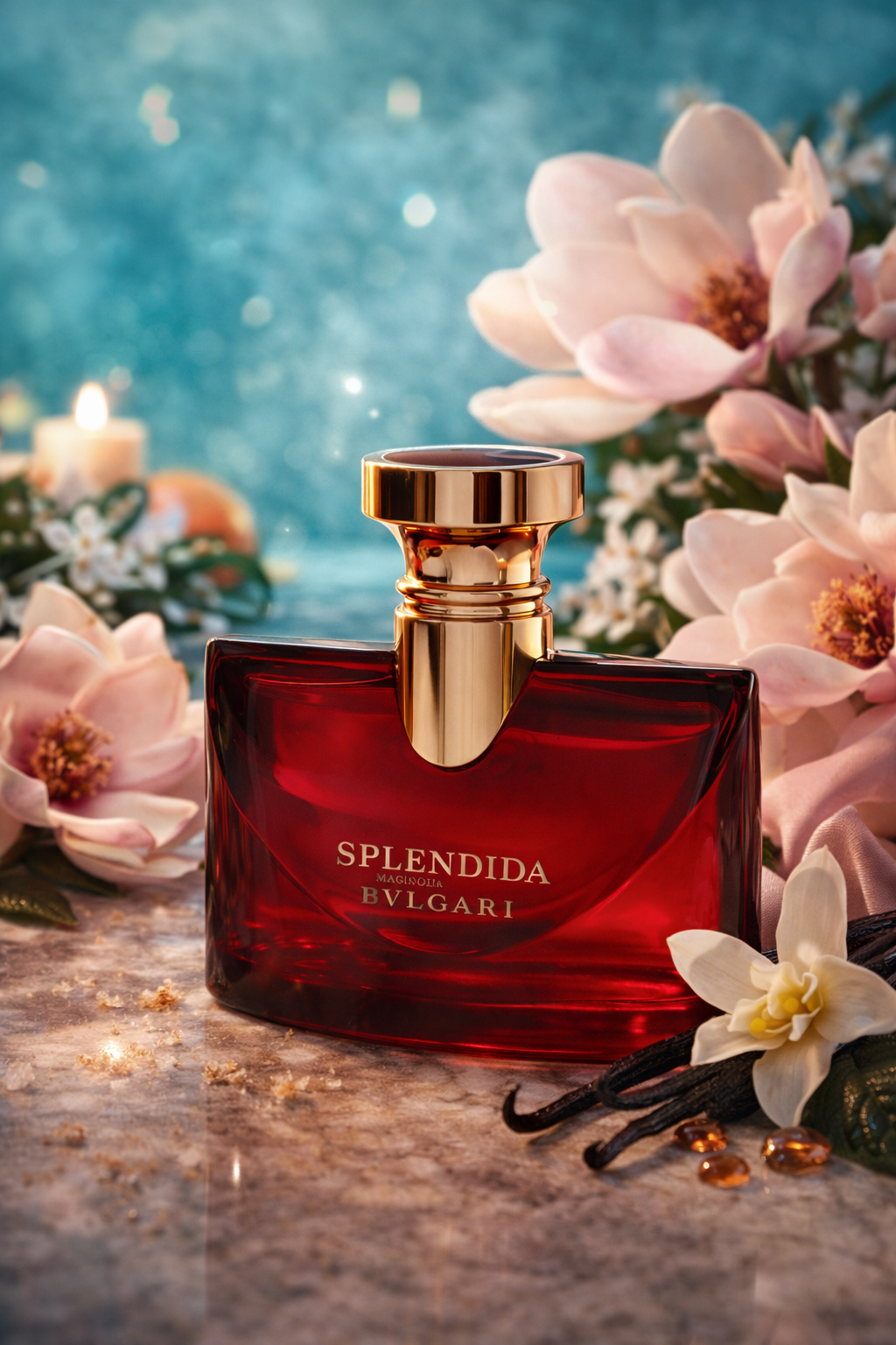 Red Elysius Splendida perfume bottle with flowers and candles in the background