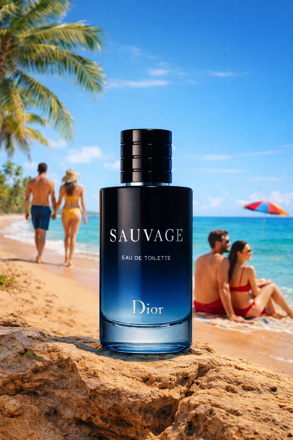 Dior Sauvage perfume bottle on a beach with people in the background