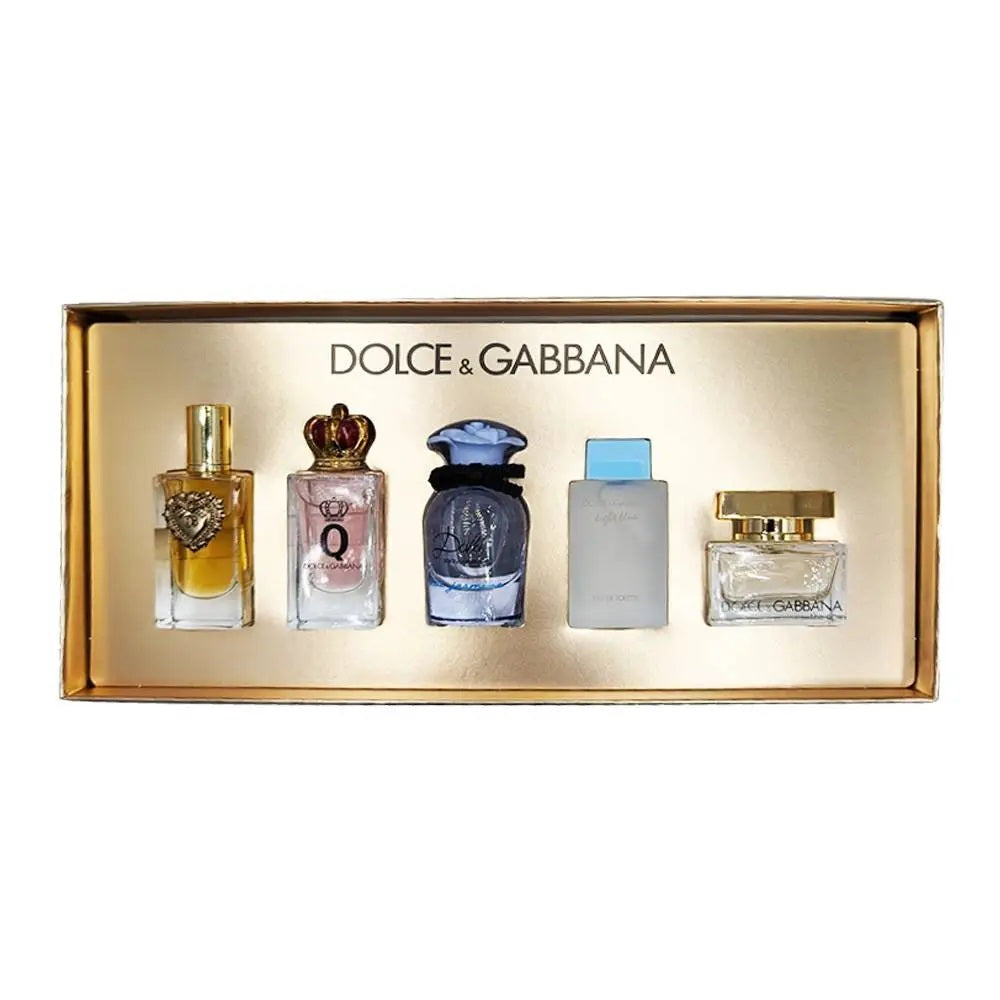 image showing the bottle and packaging for Dolce & Gabbana 5pc Mini Set   Light Blue + The One + Q + Devotion + Dolce Blue Jasmin set