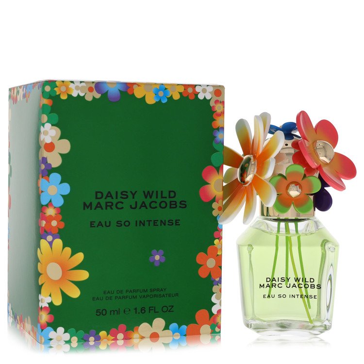 Marc Jacobs Daisy Wild perfume bottle and packaging with colorful flowers on a white background