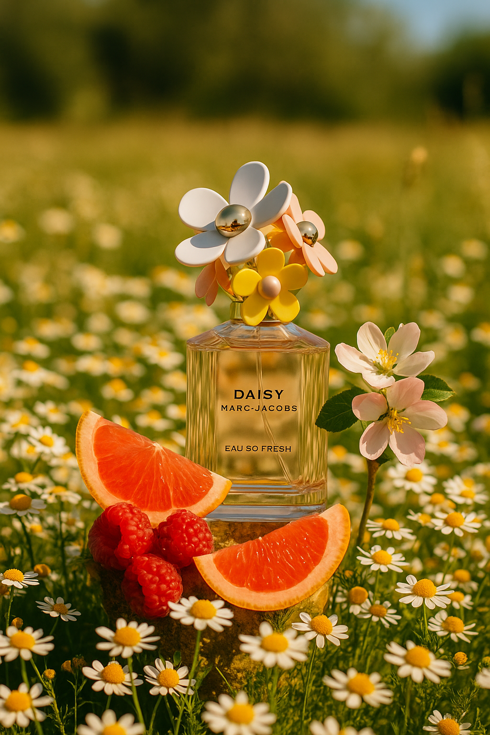 DAISY Marc Jacobs perfume bottle with flowers and fruit on a field background