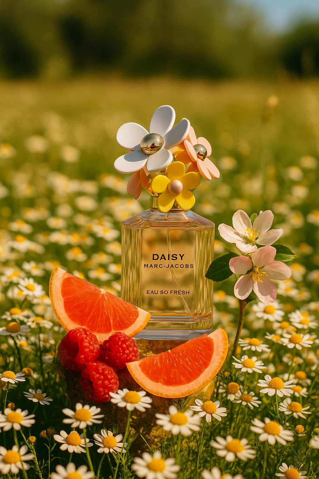 DAISY Marc Jacobs perfume bottle with flowers and fruit on a field background